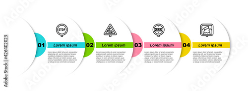 Set line Stop sign, Warning road, Railroad crossing and Drawbridge ahead. Business infographic template. Vector