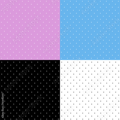 Set of 4 seamless polka dots patterns, different colors. Swatches included. 