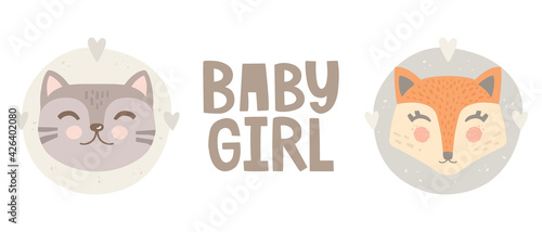 Set vector illustrations. Character stickers, lettering. Cute fox and cat on a round abstract background. Baby girl inscription. Scandinavian style illustration. Design elements for children's posters