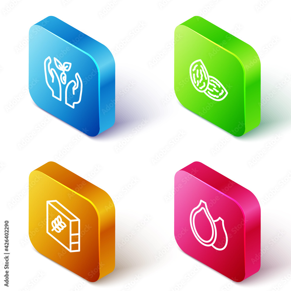 Set Isometric line Plant in hand, Seed, Flour pack and Pumpkin seeds icon. Vector Set Isometric line Plant in hand, Seed, Flour pack and Pumpkin seeds icon. Vector