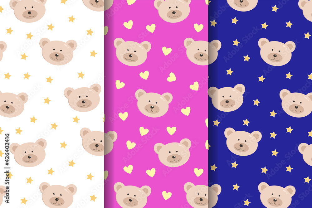 Fototapeta premium set of three Seamless pattern of A funny bear Face and gold stars and hearts. Children s Wallpaper Vector illustration.