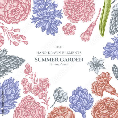 Floral design with pastel peony, carnation, ranunculus, wax flower, ornithogalum, hyacinth