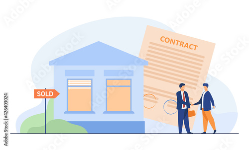 Professional realtor selling house to buyer. Contract, agreement, property flat vector illustration. Investment and real estate concept for banner, website design or landing web page