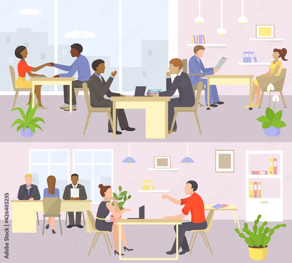Interview for business job in office, vector illustration. Man woman character at work meeting, conversation with recruitment cartoon worker. Interview for business job in office, vector illustration. Man woman character at work meeting, conversation with recruitment cartoon worker.