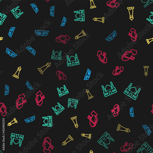 Set line Muslim man prays, Mosque, tower or minaret and Hands praying position on seamless pattern. Vector
