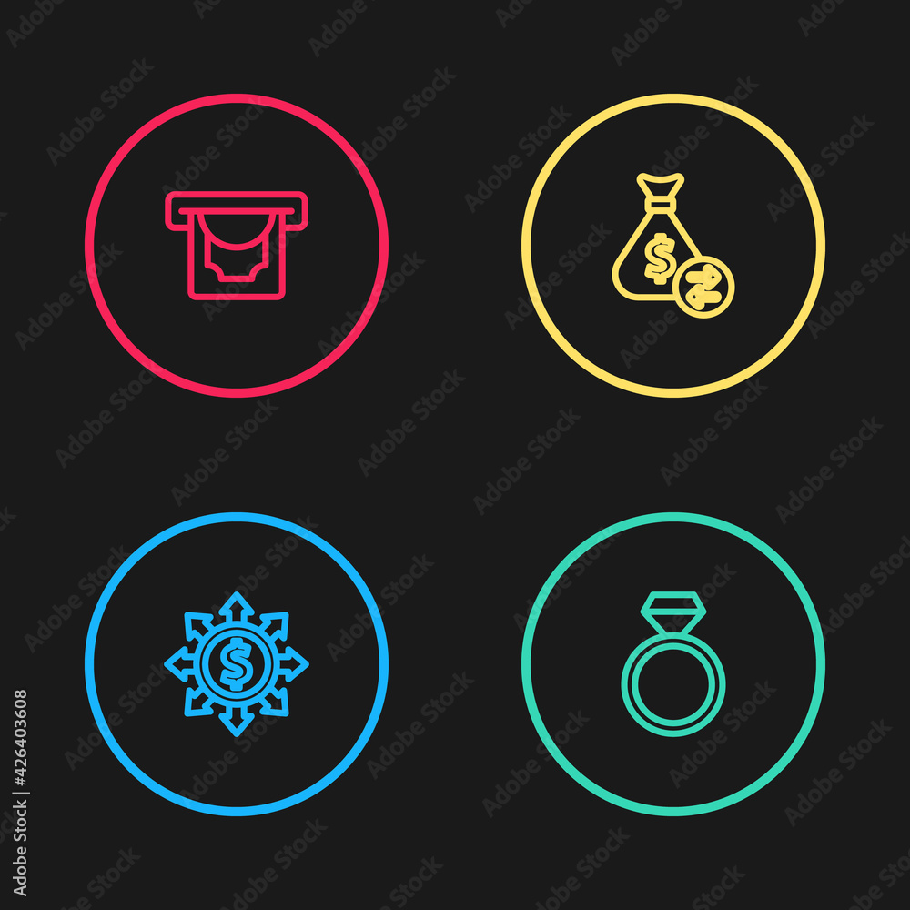 Set line Dollar, share, network, Diamond engagement ring, Money bag and ATM and money icon. Vector Set line Dollar, share, network, Diamond engagement ring, Money bag and ATM and money icon. Vector