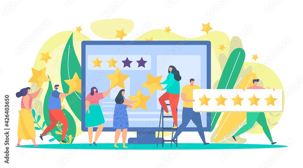 Rating review, customer feedback at computer screen concept, vector illustration. Man woman client character rate online service Rating review, customer feedback at computer screen concept, vector illustration. Man woman client character rate online service