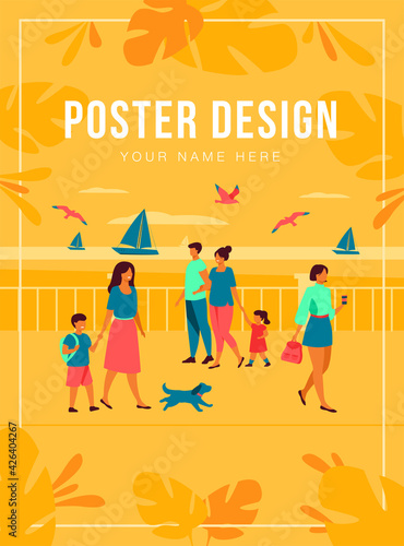 People walking on seaside quay. Tourist characters an cute couple with kids admiring boats in sea and seagulls. Flat illustration for seaside, summer vacation at ocean concept