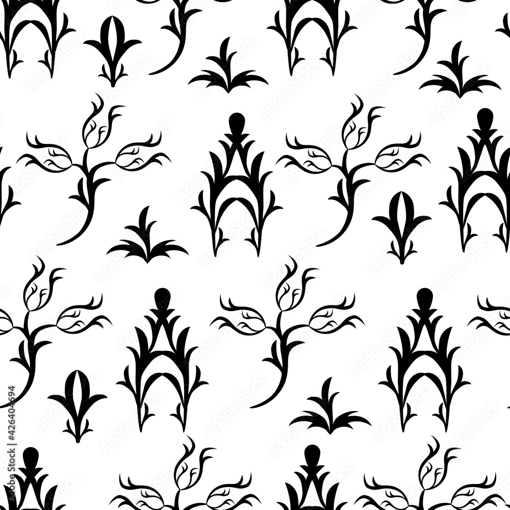 Black and white seamless baroque pattern, vector damask pattern with flowers. Refined Victorian geometric texture.