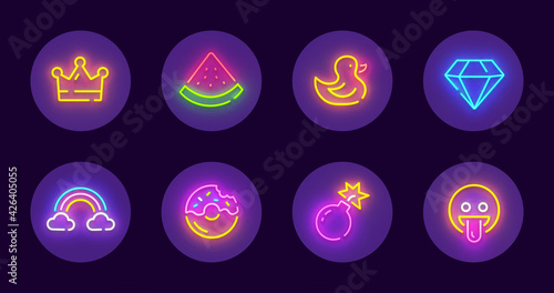 Highlights covers neon. Set of round icons for social media. Set neon icons, emblem. Vector illustration