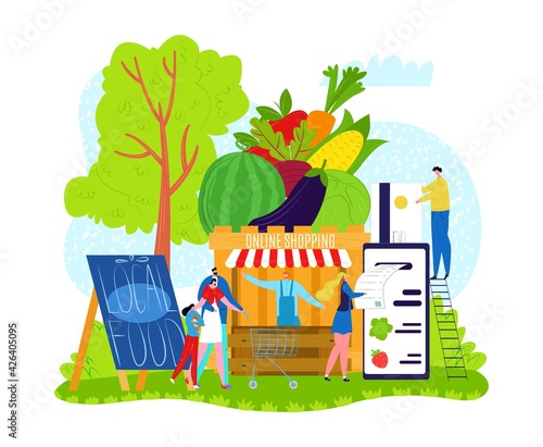 Local food online shop, fresh farm product at internet market, vector illustr...