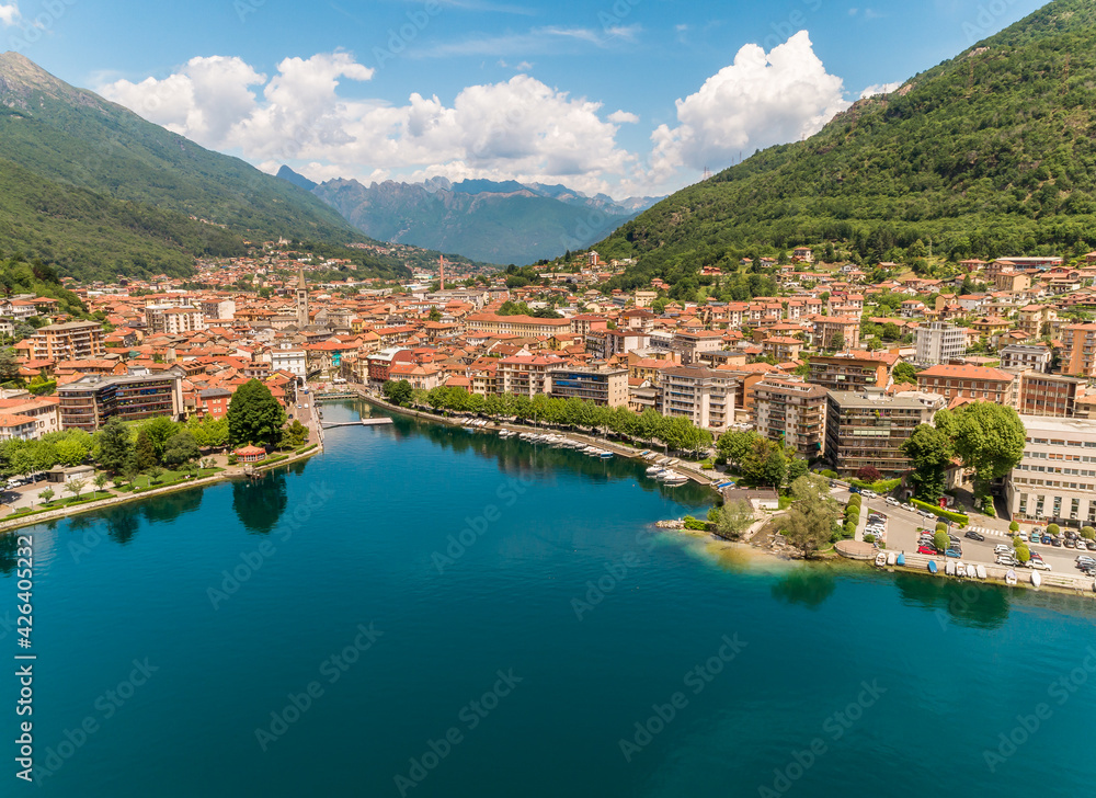 Aerial view of Omegna on the coast of Lake Orta in the province of Verbano-Cusio-Ossola, Piedmont, Italy