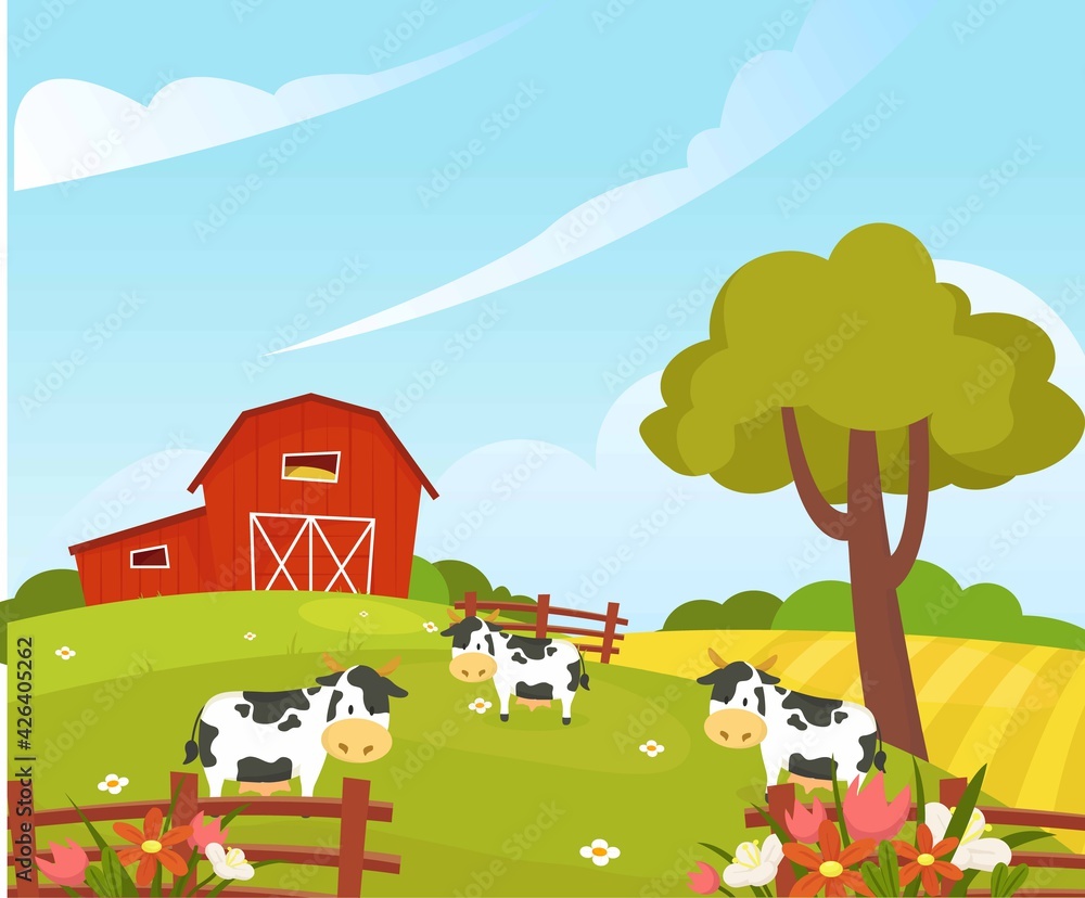 Naklejka premium Vector illustration of a beautiful landscape in a modern style. Mill and field of wheat. Cows in the pasture. Village. Farm.