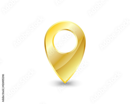 Golden marker location icon. Vector illustration. Golden map pointer isolated on white background.