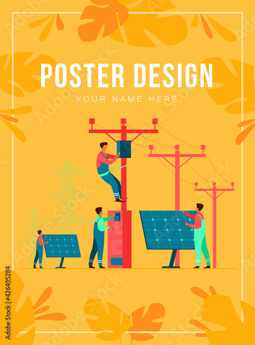 Solar power plant maintenance. Utility workers repairing electric installations, boxes on towers under power lines. For electric network operation, city service, renewable energy topics