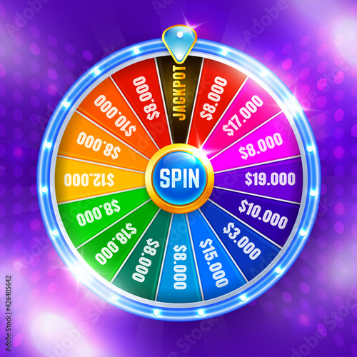 Wheel fortune. Spinning fortune wheel, lucky roulette. Casino neon colorful. Vector illustration