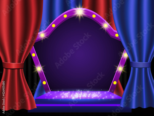 Background with curtain, podium and retro arch banner. Design for presentation, concert, show