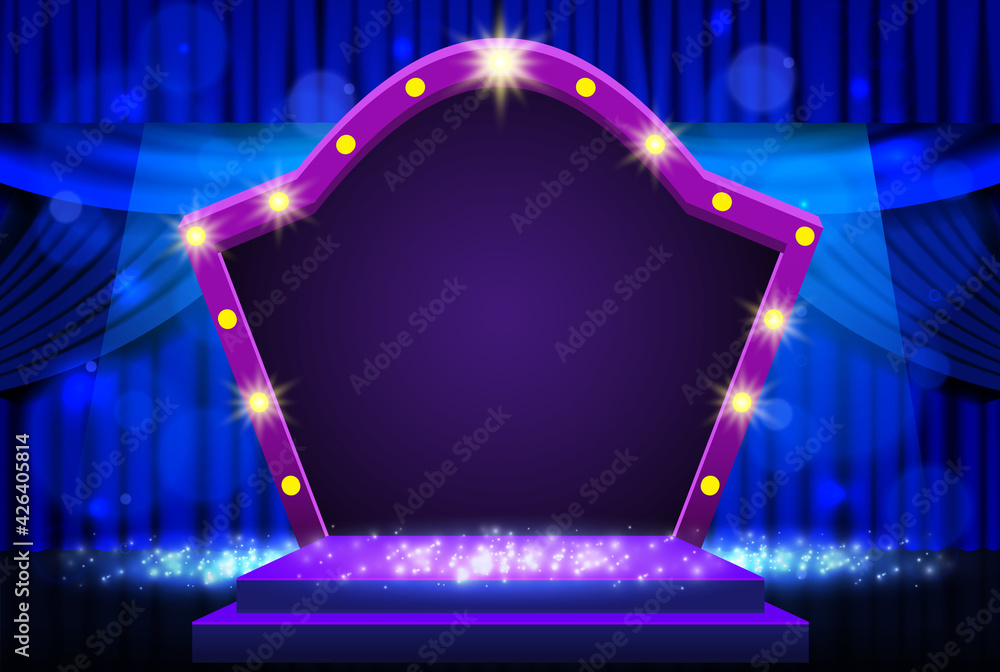 Background with blue curtain, podium and retro arch banner. Design for presentation, concert, show