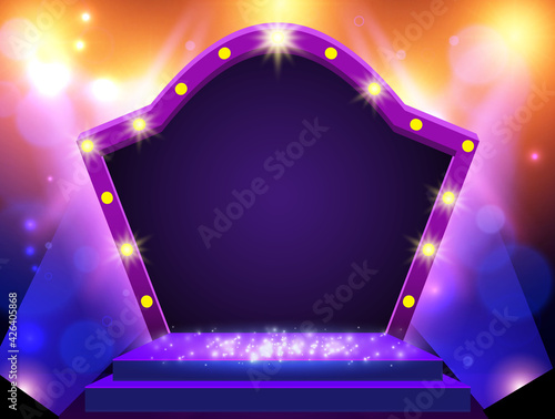 Background with podium and blue and yellow spotlights and arch banner. Design for presentation, concert, show