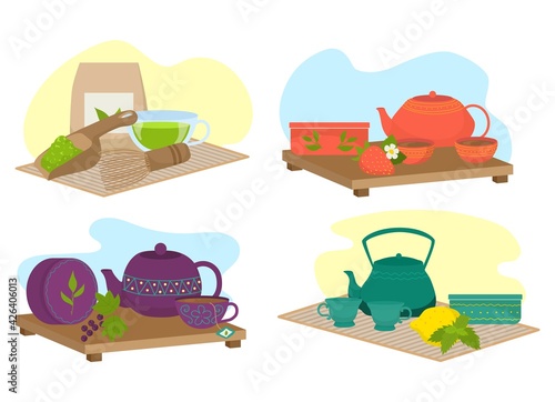 Tea set, cup with hot drink concept, vector illustration. Organic beverage from teapot, graphic mug with herbal drink, isolated on white background.