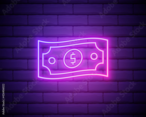Bundle of dollar bills neon sign. Money, finance and banking concept. Advertisement design. Night bright neon sign, colorful billboard, light banner. Vector illustration in neon style.