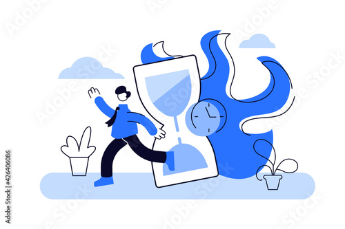 Vector picture of running businessman and burning hourglass
