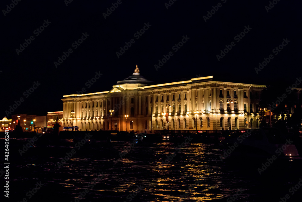 Building of Academy of Arts on a bank of the Neva river in Saint Petersburg, Russia. Night view