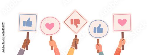 Hands holding signs with likes and dislikes. Votes of judges. Feedback. Hands holding likes and dislikes signs. Vector illustration