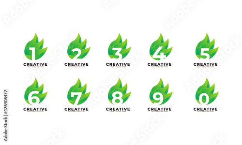 Number Set Vector Font Alphabet Logo Design. Green Leaves Alphabet Icon. Usable for Business, Science, Healthcare, Medical and Nature Logos.Flat Vector Logo Design Template Element. Eps10