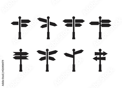 Road direction sign arrows isolated on white background. Signpost icon vector illustration. Vector illustration for web, design element, template, postcard.