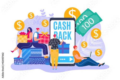Cash Back concept, finance to clients, vector illustration. Gift when buying product, bonus marketing strategy in Internet commerce, banking.