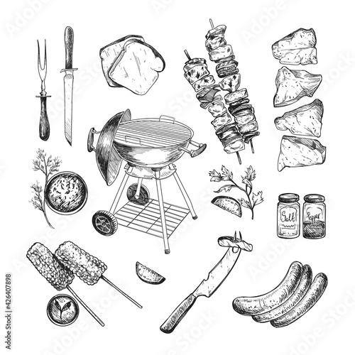 Food and grill for barbeque engraved illustrations set. Hand drawn sketch of grill, meat, beef, sauce, vegetables isolated on white background. Barbeque party, cafe, restaurant, grilled food concept
