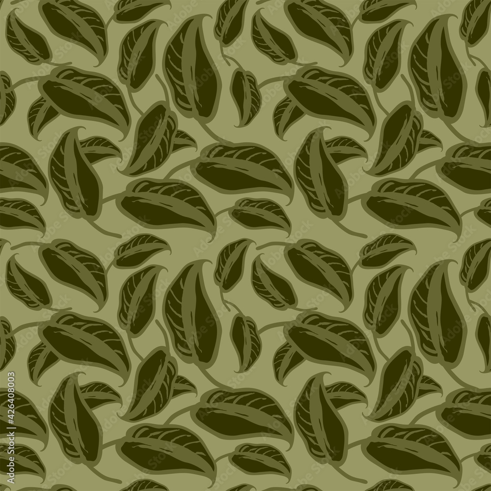 Seamless pattern with leaves. Vector hand-drawn flora background. Pattern for printing on fabric or wallpaper