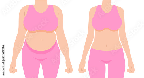 Girl before and after fat loss. A thin and fat girl. Vector illustration for design, banner, and magazine.