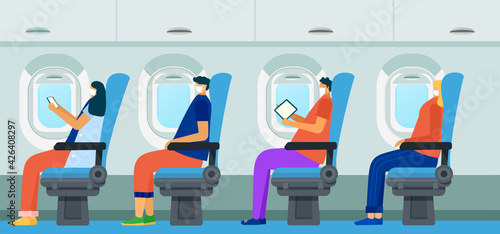 Passengers seated in aircraft cabin, vector illustration. Cartoon people travel by air in airplane, sitting comfortably. Tourist character trip