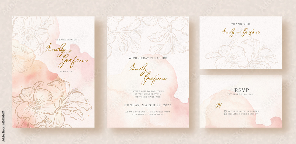 Gold flowers on splash background watercolor of wedding invitation