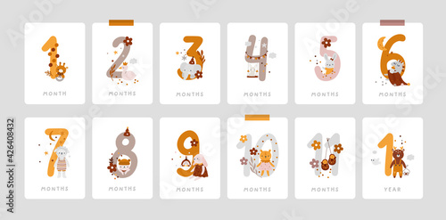 Baby milestone cards with cute animals and numbers for newborn girl or boy. 1-11 months and 1 year. Baby shower print capturing all the special moments. Baby month anniversary card. Nursery print