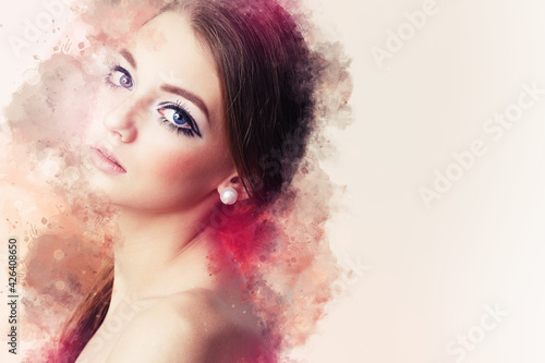 Beauty make up. High fashion model with creative colorful makeup. Red color. Copy space.