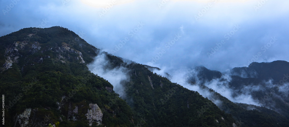 Panorama landscape of fog in the mountain. Chilean Patagonia.