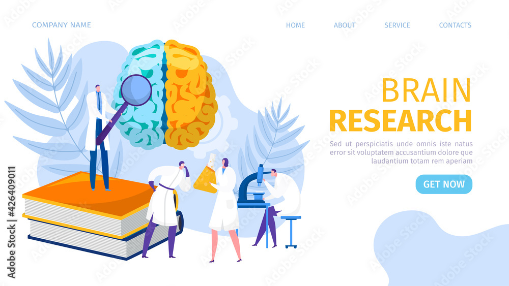 Web banner, landing, brain research, vector illustration. People character analyze intelligence in laboratory. Medical diagnostic, patient treatment.