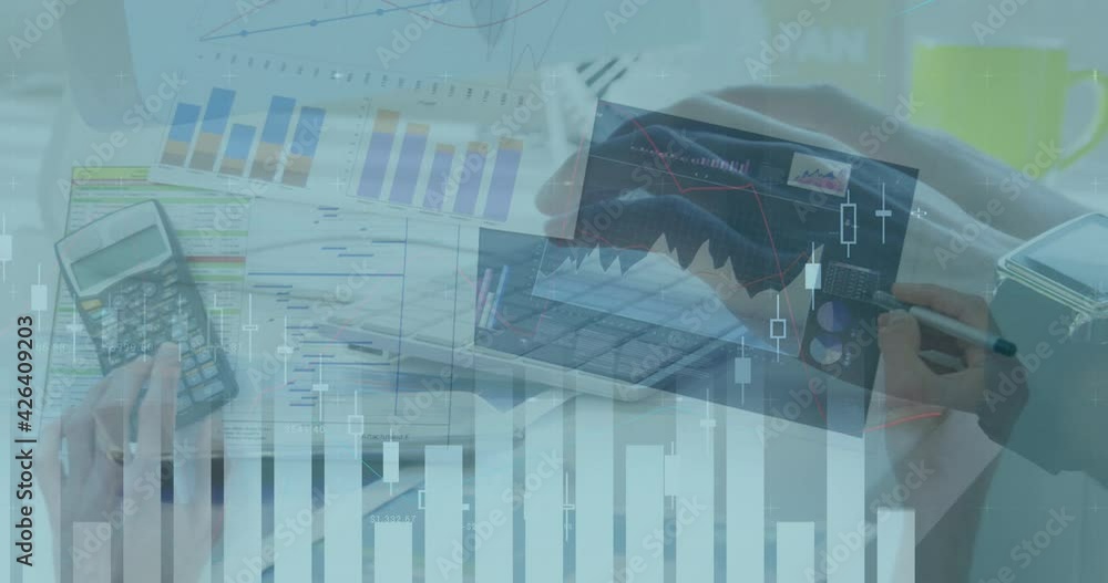Animation of financial data processing over woman typing on computer keyboard Animation of financial data processing over woman typing on computer keyboard