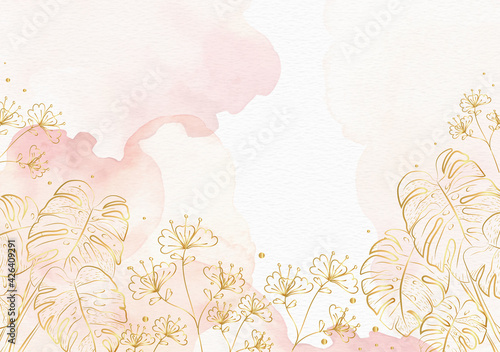 Gold florals on pink splash watercolor background