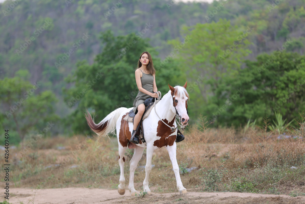 Women on skirt dress Riding Horses On field landscape Against Sky During Sunset Women on skirt dress Riding Horses On field landscape Against Sky During Sunset