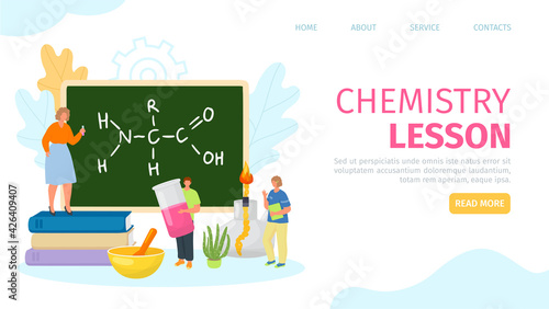 Chemistry lesson, study knowledge in class, web page, vector illustration. Teacher and student character get science education, people learning