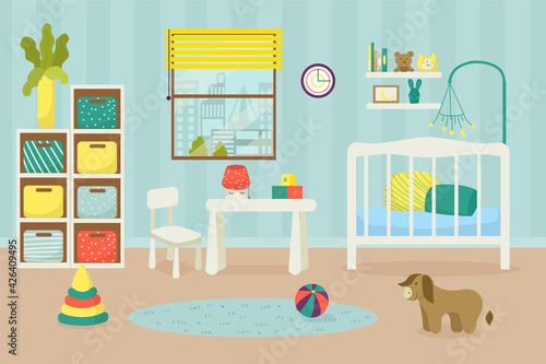 Nursery, children room for newborn baby, home indoor furniture, vector illustration. Child bedroom interior, crib in apartment bedroom.