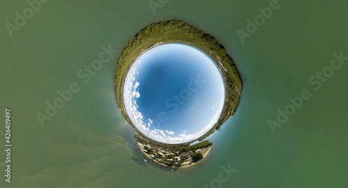 Planetinha invertido da Barra do Jacuípe, praia localizada no litoral do município de Camaçari, na Bahia, Brasil, Imagem capturada acima do rio Capivara  photo