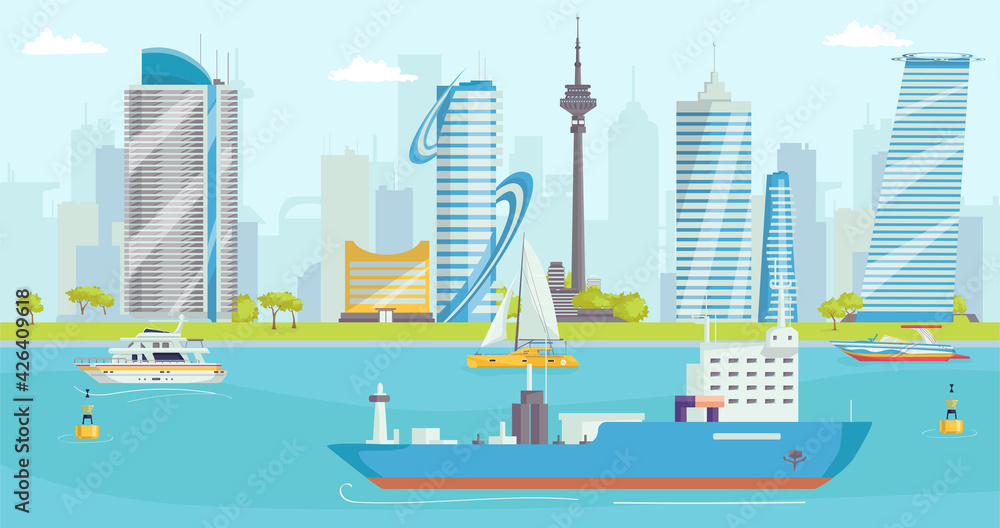 City near sea, boat travel at ocean water, vector illustration. Vessel transportation in summer, uxury skyscraper at city background.
