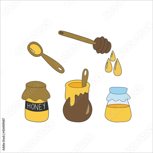 Set of jars with honey in cartoon style isolated on white background. Honey wooden spoon with honey drops and three different jars of honey. Natural product. Vector illustration