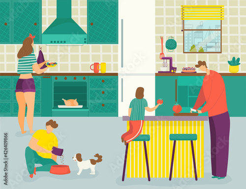 Family cooking in kitchen, vector illustration. Man woman children people character prepare food for dinner together. Happy mother father cook