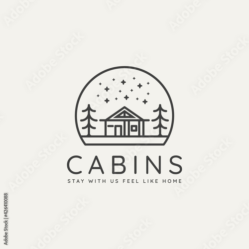 winter landscape cabin minimalist line art badge logo template vector illustration design. simple minimalist cottage, lodge, housing emblem logo icon concept